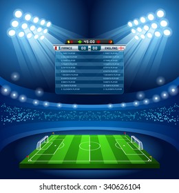 Soccer Stadium Score Board Empty Field Background. Stadium Nocturnal View Illustration. Building Image. International Football Championship Cup