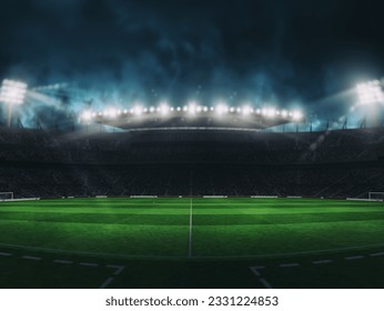 Soccer stadium with the stands full of fans waiting for the game, with no players. 3D Rendering. 3D Illustration - Powered by Shutterstock