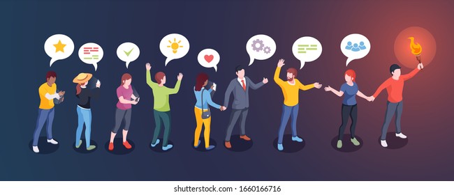 Social audience influence, opinion leader and influencer, creative design. Man with torch lead people followers, social media community and internet marketing concept