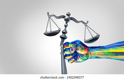 Social Change Law And Society Justice Concept As A Fist Representing Diversity And A Diverse Community Fighting For Changing Legislation As A Law Scale For Equality With 3D Illustration Elements.