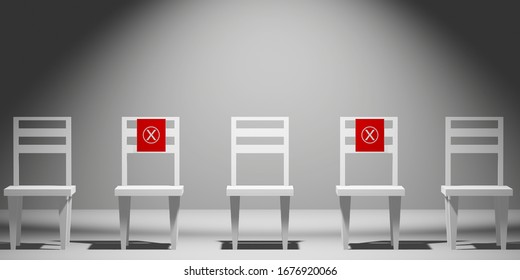 Social distance concept. keep spaced between each chairs make separate for social distancing, increasing physical space between people to avoid spreading illness during transmission of COVID-19. 3D