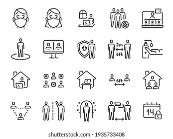 Social Distance Icons. Self Quarantine, Safe Distancing And Stay Home Line Icon. Man And Woman In Mask. Coronavirus Prevention  Set