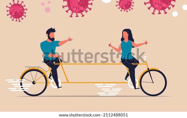 Social\
distance of society. People stay away from each other illustration.\
A man and a woman on a bicycle keep the distance. Danger of virus\
in public places concept. People fear\
coronavirus