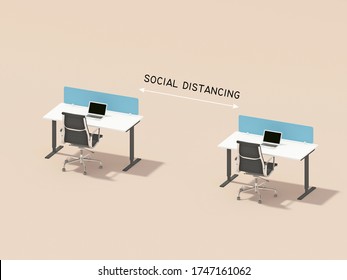 Social Distancing In Office Workstation.minimal Distancing Concept.3d Rendering