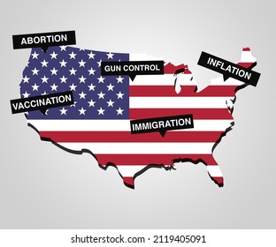 Social Divisions And Ideological War And Clashes In United States Of America Illustration Background. US Map And Flag With Highlighted Major Problems