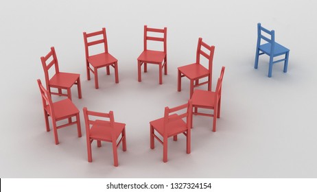 Social Exclusion, Bullying, Depression, Racism And Loneliness Concept 3d Illustration. Red Chairs In A Circle With A Blue Chair Set Aside As A Symbol Of Being Different And Not Accepted.