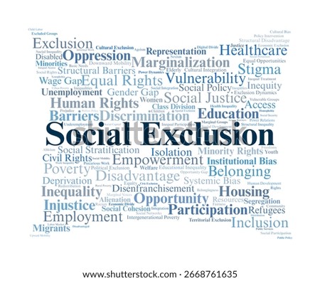 Social Exclusion Word Cloud. Composition Of Terms Related To Discrimination, Poverty, Human Rights, Inequality, And The Social Dynamics Of Inclusion And Exclusion.