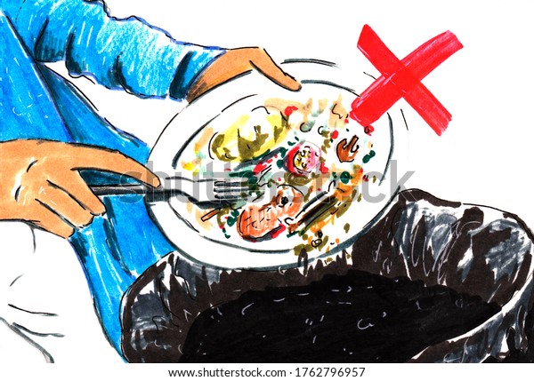 社会的な手描きのイラスト 食べ物を無駄にしない ごみ箱に食べ物を投げ込む人の簡単なスケッチ 無駄なテーマはゼロ 食べ物の無駄遣いを減らす のイラスト素材