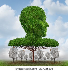 Social inequality concept as a giant tree shaped as a human head blocking the light to smaller trees that have lost their leaves as an economic symbol of disparity between the rich and the poor.