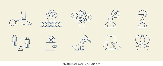 Social issues problems icon set. Simple vector illustration in modern thin line style. Vector illustration