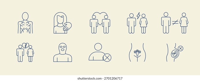 Social issues problems icon set. Simple vector illustration in modern thin line style. Vector illustration