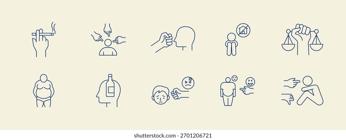 Social issues problems icon set. Simple vector illustration in modern thin line style. Vector illustration