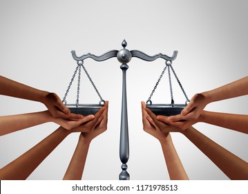Social justice and equality law in society as diverse people holding the balance in a legal scale as a population legislation with 3D illustration elements.