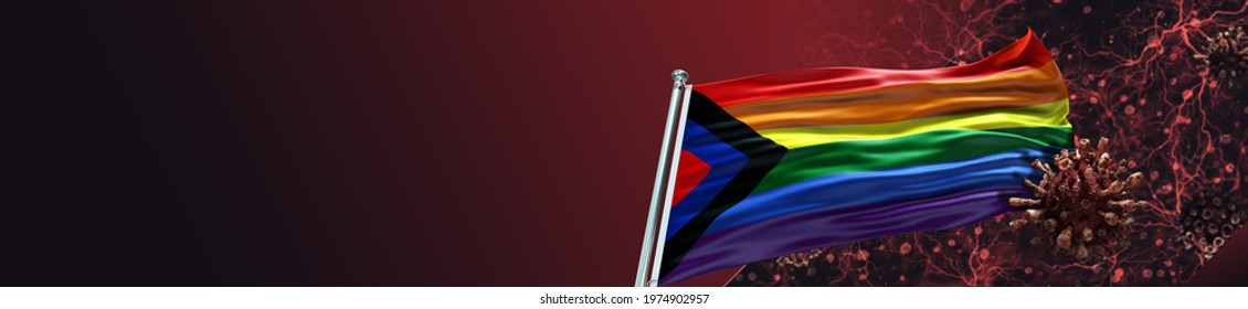 Social Justice Pride Flag With Coronavirus Covid-19 And Large Gradient Single Flag - 3D Illustration - 3D Render