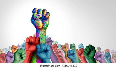 Social justice society as a crowd of protesters and angry protest group or protester unity and fighting for rights as hands in a fist of diverse people demonstrating in a 3D illustration style.