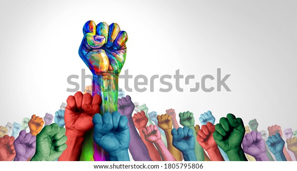 Social justice society as a crowd of protesters\
and angry protest group or protester unity and fighting for rights\
as hands in a fist of diverse people demonstrating in a 3D\
illustration\
style.