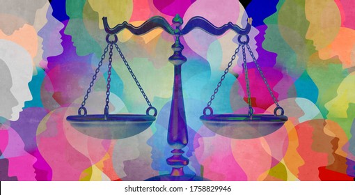 Social justice together as a crowd of diverse people with a law symbol representing community legislation and equal rights or legal lawyer icon with 3D illustration elements.