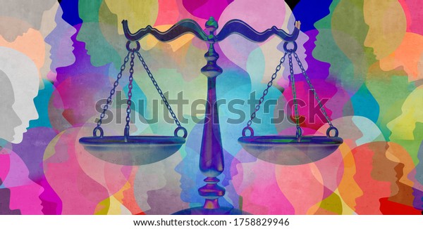 Social justice\
together as a crowd of diverse people with a law symbol\
representing community legislation and equal rights or legal lawyer\
icon with 3D illustration\
elements.