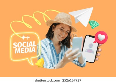 Social media collage remix. Colorful mixed media with internet and social media concept. Woman using social media on smartphone, sharing. - Powered by Shutterstock