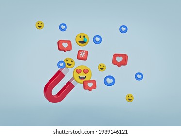 Social Media Digital Marketing Concept. Magnet Attracts Likes, Followers, Emoji. Minimal Design. 3d Rendering