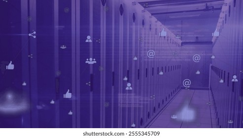 Social media icons image over data center server racks. Technology, server room, digital, network, connectivity, storage - Powered by Shutterstock