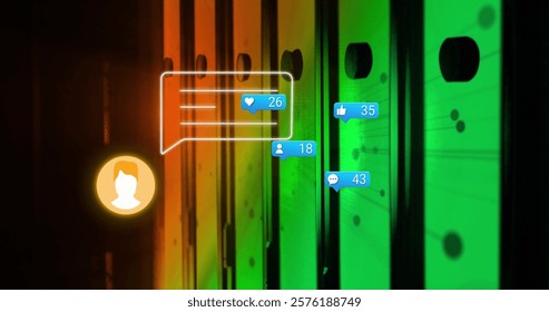 Social media interaction icons image over colorful server racks. Technology, data center, digital, networking, cloud computing, connectivity