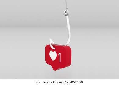 Social Media Like Button In A Fish Hook As A Bait - 3D Illustration