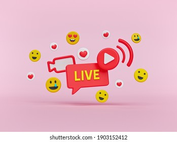 Social Media Live Streaming Concept With Hearts And Emoji Icons. Minimal Design. 3d Rendering