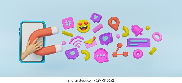 Social Media Marketing Concept With Smartphone, Magnet And Colorful Icons. 3d Rendering