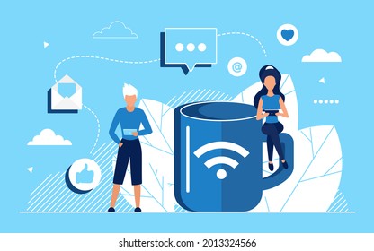 Social Media Network Concept Illustration. Cartoon Man Woman Internet Users Characters Chatting, Networking, Using Mobile Devices For Online Chat Communication Near Coffee Break Mug Background