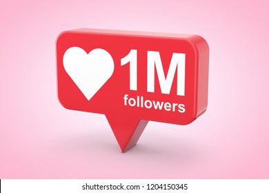 Social Media Network Love And Like Heart Icon With One Million Followers Sign On A Pink Background. 3d Rendering