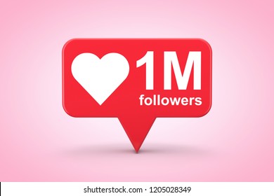 Social Media Network Love And Like Heart Icon With One Million Followers Sign On A Pink Background. 3d Rendering