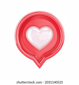 Social Media Notification With Heart Icon Isolated On White. Red Like Symbol, Location Pin. 3D Rendering