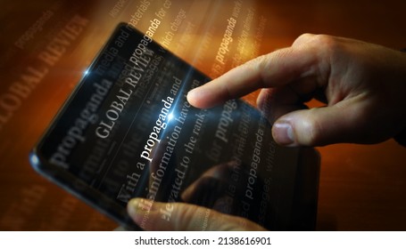 Social media on display with propaganda, disinformation and manipulation. Searching on tablet, pad, phone or smartphone screen in hand. Abstract concept of news titles 3d illustration.