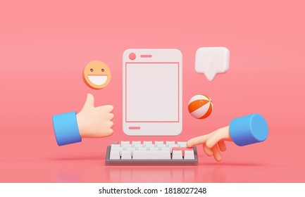 Social Media With Photo Frame, Like Button And Cartoon Hand On Pink Background Illustration. 3D Render