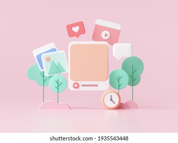 Social Media with photo frame on pink background for webpage banner. 3D render illustration