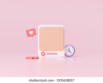 Social Media With Photo Frame On Pink Background For Webpage Banner. 3D Render Illustration