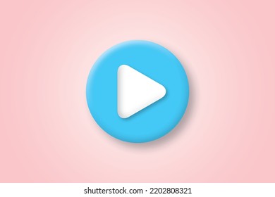 Social Media Play Video On Pastel Background. Blue Round Play Button For Start Multimedia Player Concept, Audio Playback. Shadow Overlay. Illustration Of 3d Paper Cut Design Minimal Style.