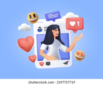 Social Media Post, Blogging. Influencer Blogger Girl Character. Like, Share And Comment Promo. Selfie Creative Idea. SMM Social Profile Insta Frame Young Star Illustration. Modern 3d Render