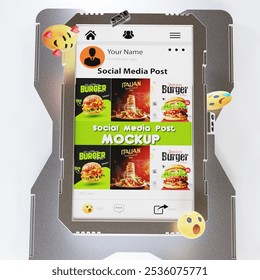 social media post mockup with customizable layout. Features space for images, text, brand logo, and icons for likes, comments, and shares. Perfect for digital branding and promotional designs. - Powered by Shutterstock