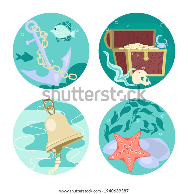 Social Media Story highlight icon set in sea\
stile. Underwater scene with boat anchor and golden treasure chest.\
Flat Art Rastered Copy\
illustration