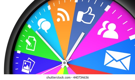 Social Media Time Management And Network Concept With A Clock And Icon Printed In Multiple Colors 3D Illustration.