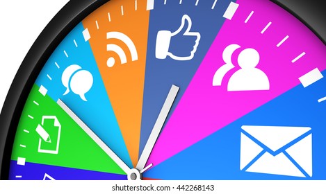 Social Media Time Management And Networking Concept With A Clock And Icons Printed In Multiple Colors 3D Illustration.