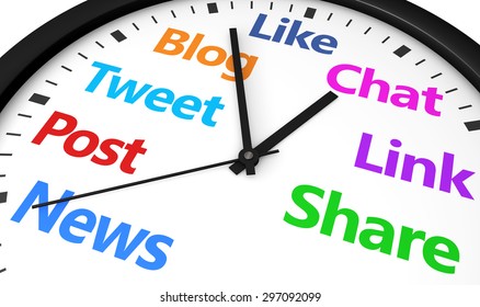 Social Media Time Management And Web Strategy Concept With A Clock And Social Network Word And Sign Printed In Multiple Colors 3d Render Image.