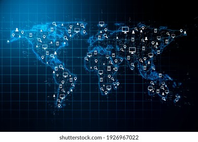 Social network concept with digital world map, social media icons and abstract glowing squared background. 3D rendering