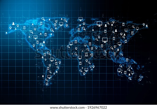 Social\
network concept with digital world map, social media icons and\
abstract glowing squared background. 3D\
rendering