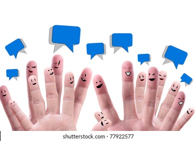 Social Network Concept Of Happy Group Of Finger Faces  With Speech Bubbles