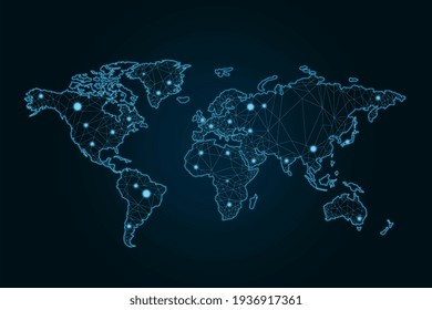 Social network connection concept with glowing contour lines countries and dots on dark background. 3D rendering