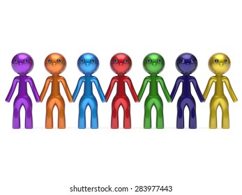 Social Network Friends Character Teamwork Chain Line People Diverse Friendship Row Individuality Team Seven Different Cartoon Persons Unity Meeting Icon Concept Colorful. 3d Render Isolated