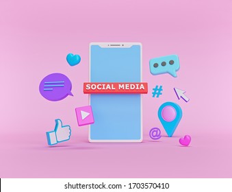 Social Network Icons With A Smartphone. Abstract Trendy Design For Social Media Advertising. Technology Concept. 3d Rendering